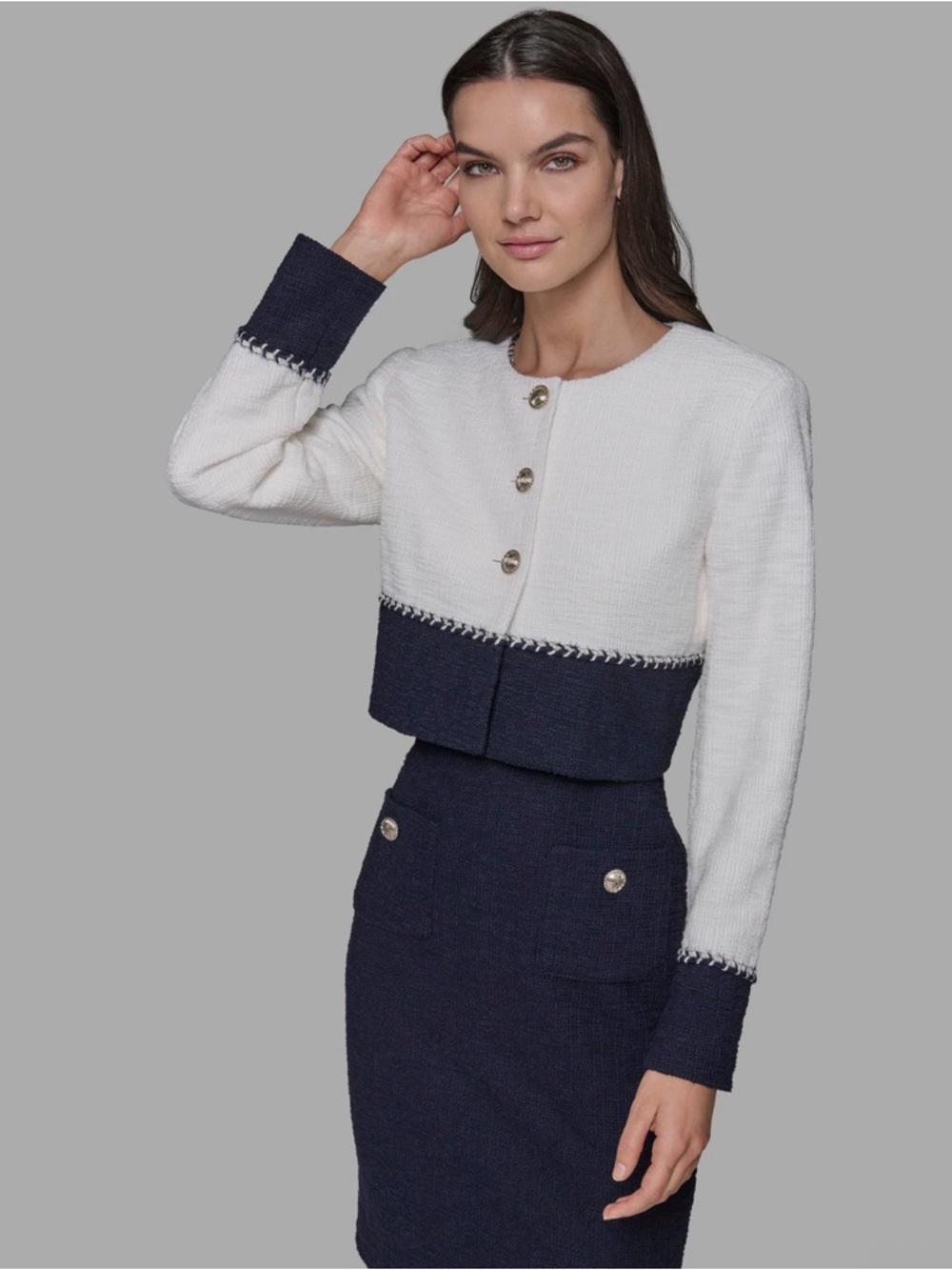 Karl Lagerfeld White Textured Tweed Jacket with Gold Buttons